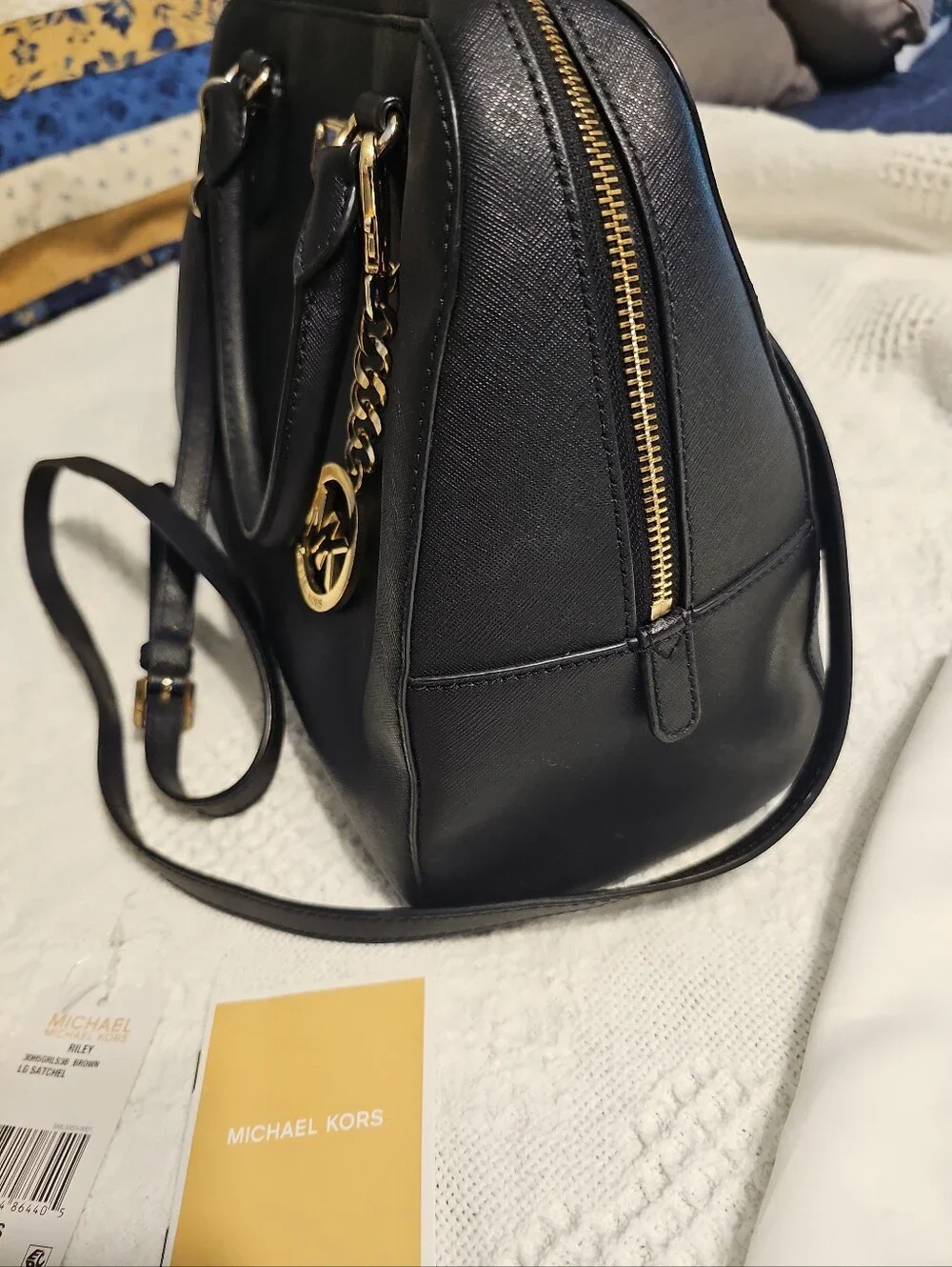 Michael Kors Black Leather Satchel with Gold Accents